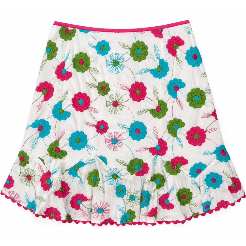 Nanette Lepore Skirt Size 8 Embroidered Floral Pink Blue Green Ric Rac Trim VTG